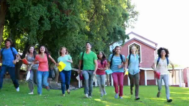 Celebrando a los estudiantes corriendo y saltando juntos — Vídeo de stock