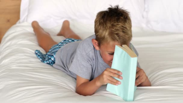 Niño leyendo en la cama — Vídeos de Stock