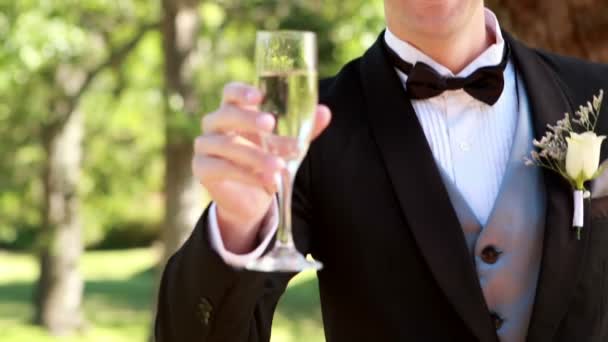 Glücklicher Bräutigam stößt mit Champagner an — Stockvideo
