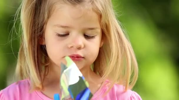 Little girl playing with pinwheel in the park — Stock Video