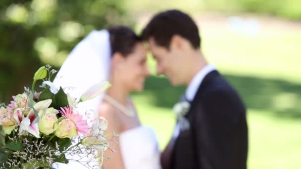 Feliz recém-casados de pé no parque — Vídeo de Stock