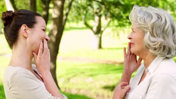 Madre e hija riendo y charlando en el parque — Vídeo de stock