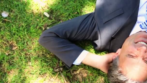 Happy businessman lying on the grass — Stock Video