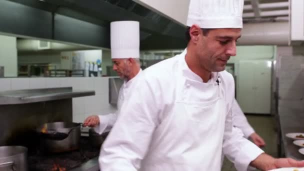 Gutaussehender Koch zeigt zwei Gerichte vor der Kamera — Stockvideo