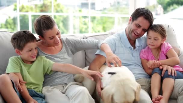 Familie ontspannen samen op de Bank met hun labrador hond — Stockvideo