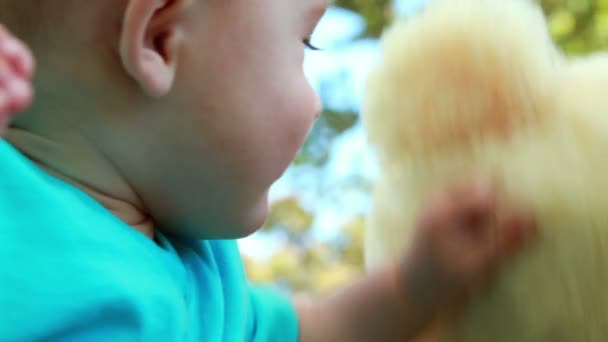Чарівний хлопчик грає з плюшевим ведмедем — стокове відео