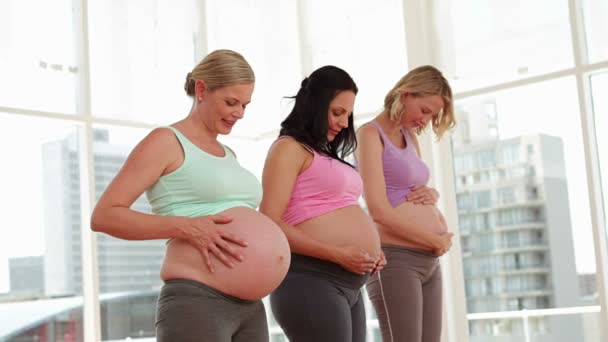 Pregnant women standing in fitness studio rubbing their bumps — Stock Video