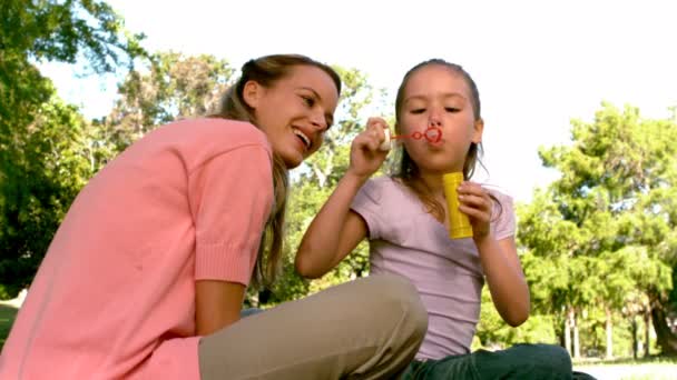 Девушка пускает пузыри со своей счастливой матерью в парке — стоковое видео