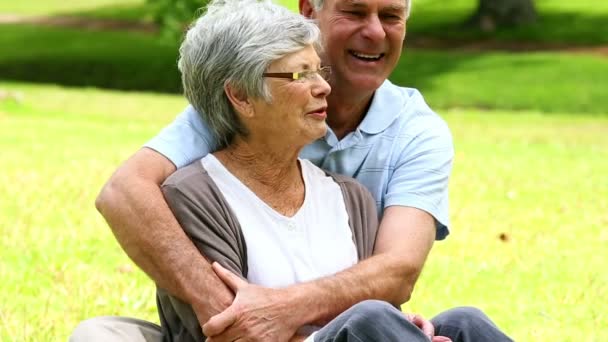 Aanhankelijk senior koppel ontspannen in het park — Stockvideo