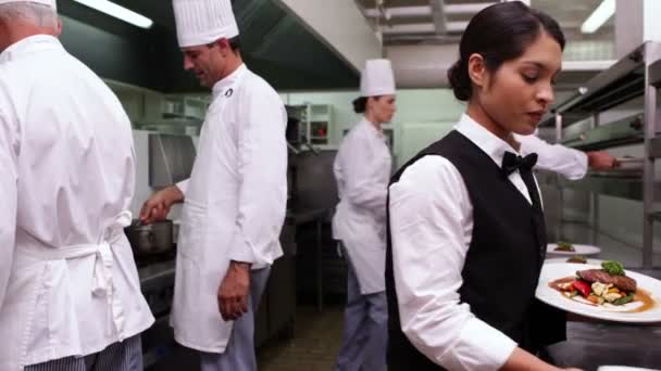 Garçonete mostrando dois pratos para câmera — Vídeo de Stock