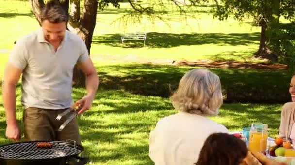 Familia feliz teniendo una barbacoa en el parque juntos — Vídeo de stock