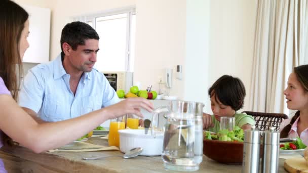 Familia sonriente cenando juntos — Vídeo de stock