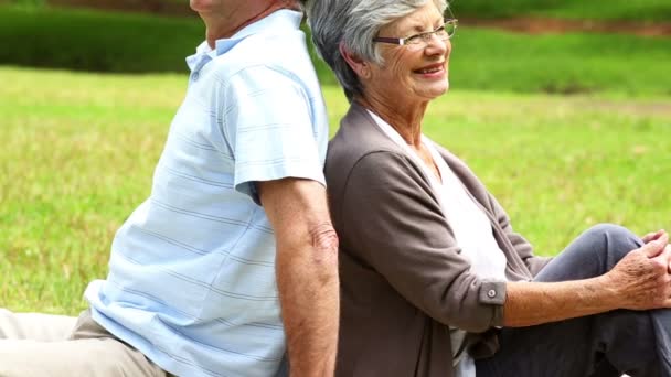 Liebevolles Seniorenpaar entspannt im Park — Stockvideo