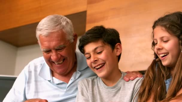 Бабушка и дедушка смеются вместе с внуками — стоковое видео