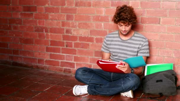 Estudiante sentado contra la pared lectura libro de texto — Vídeo de stock