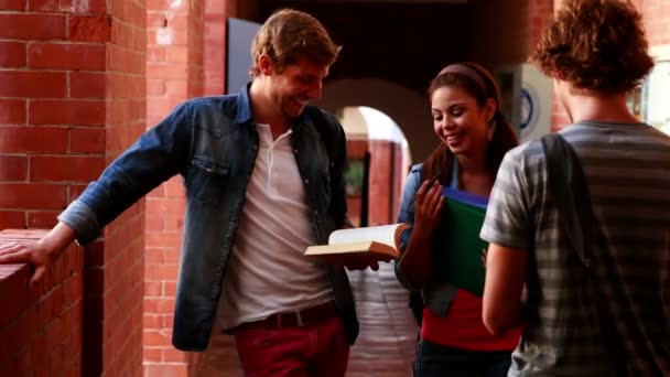 Students standing in the hallway chatting — Stock Video