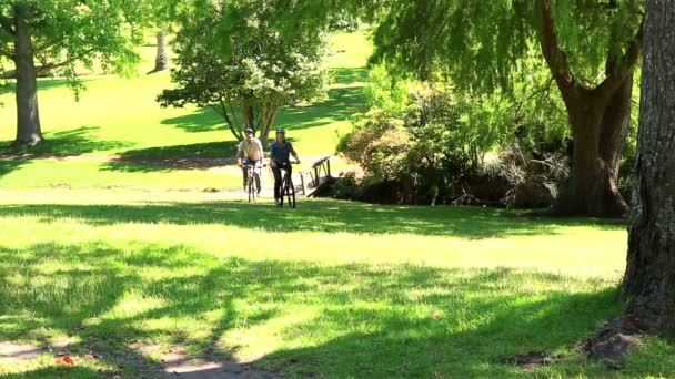 Lyckliga paret går för en cykel tur i parken — Stockvideo