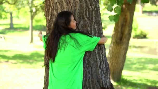 Joyeux activiste écologiste étreignant un arbre — Video