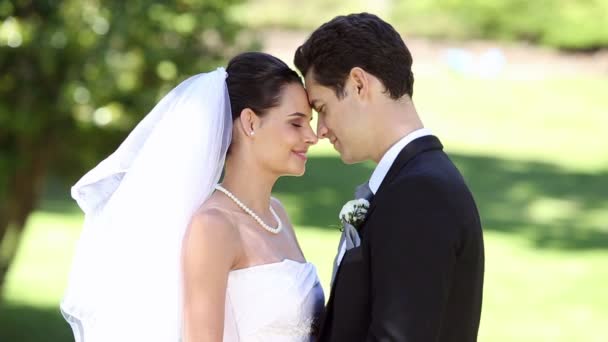 Felices recién casados de pie en el parque — Vídeo de stock