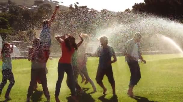 Schüler tummeln sich in den Sprinklern auf dem Rasen — Stockvideo