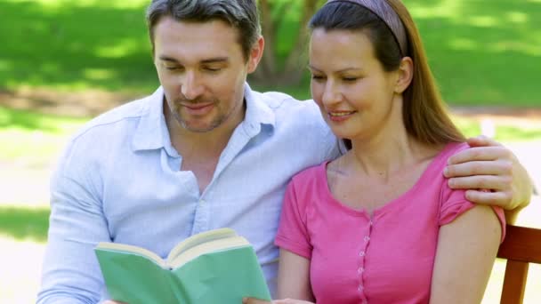 Pareja feliz sentada en un banco del parque leyendo juntos — Vídeo de stock