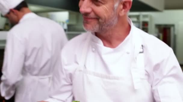 Waitress being handed a dish by chef — Stock Video