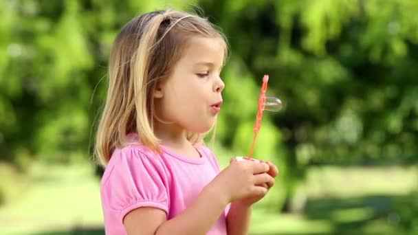 Маленькая девочка играет с пузырьками в парке — стоковое видео
