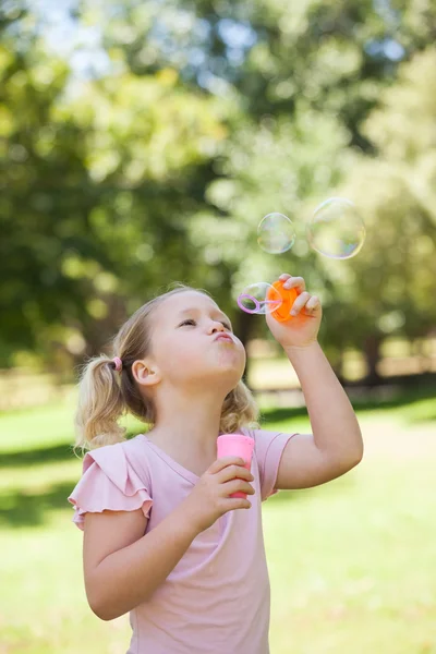 Ragazza che soffia bolle di sapone al parco — Foto Stock