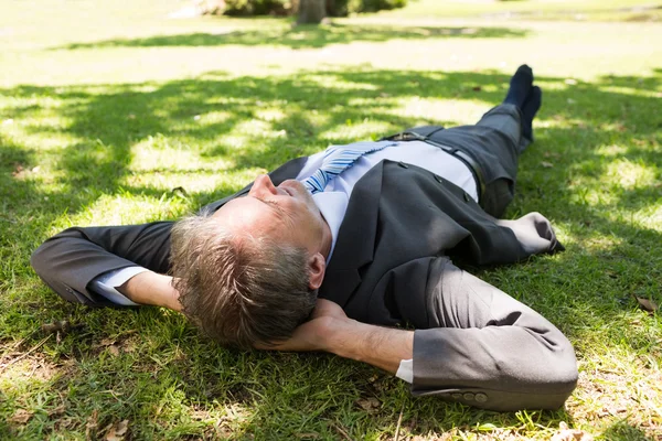 公園の芝生の上に横たわる実業家 — ストック写真