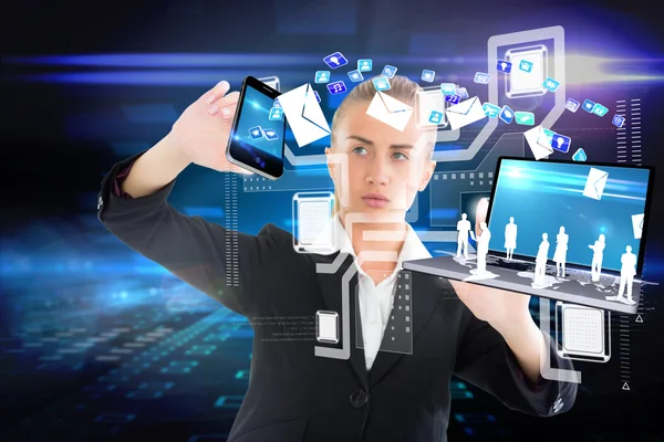 Businesswoman touching smartphone with email icons — Stock Photo, Image