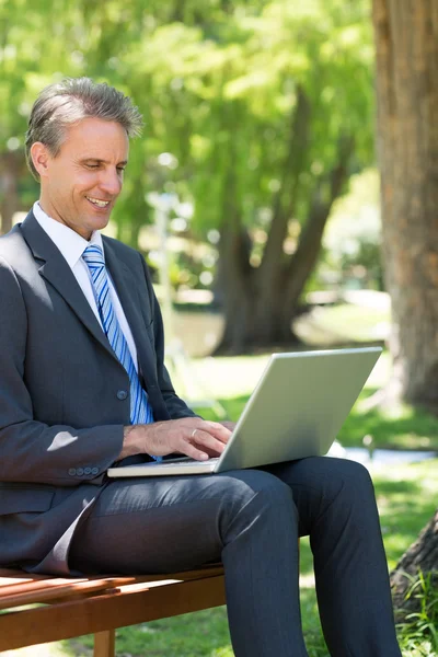 Empresario usando laptop en el parque — Foto de Stock