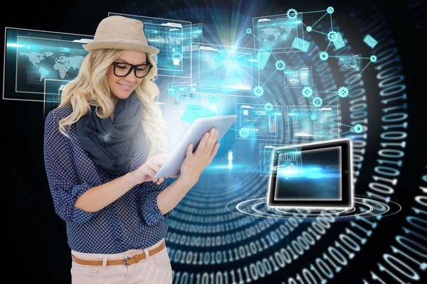 Stylish blonde using tablet pc with interfaces and email icons — Stock Photo, Image