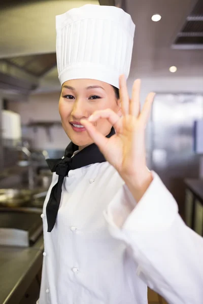 Female cook gesturing okay sign — Stock Photo, Image