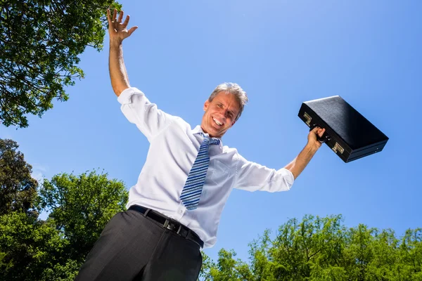 Biznesmen prowadzenie teczki z nieba — Zdjęcie stockowe