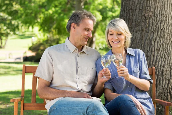 Paar stößt im Park auf Weingläser an — Stockfoto