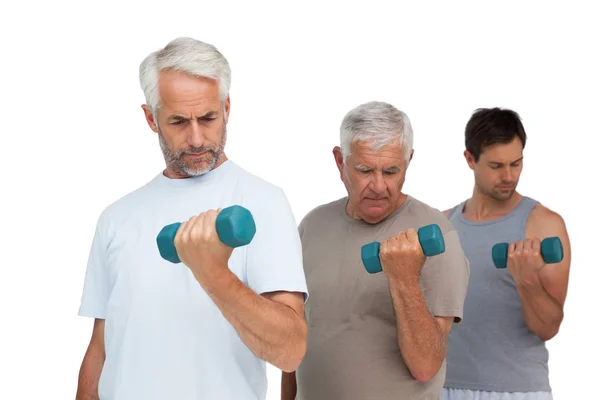 Tres hombres haciendo ejercicio con pesas seguidas — Foto de Stock