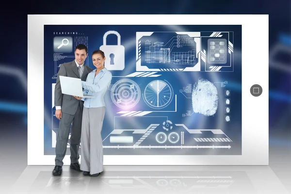 Business team using laptop with security interface — Stock Photo, Image