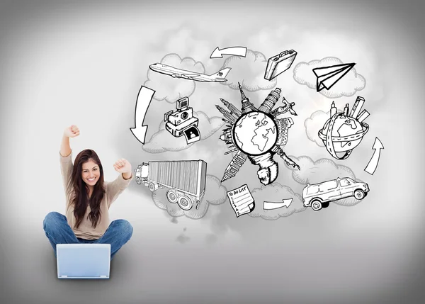 Cheering girl using laptop with doodles — Stock Photo, Image