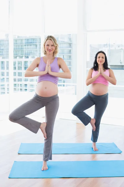 Schwangere im Yoga-Kurs in Baumpose — Stockfoto