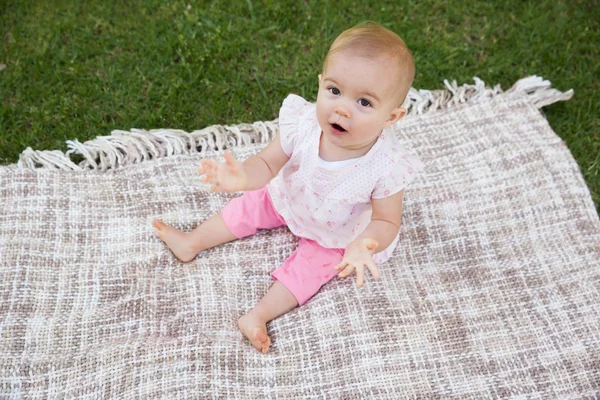 Portret van een schattige baby op deken in park — Stockfoto