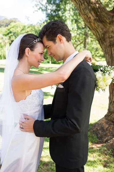 Liebevolle Umarmung von Braut und Bräutigam — Stockfoto