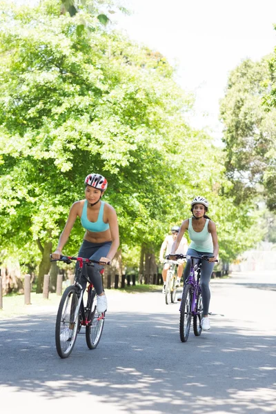 Sporty women riding bicycles — Stock Photo, Image