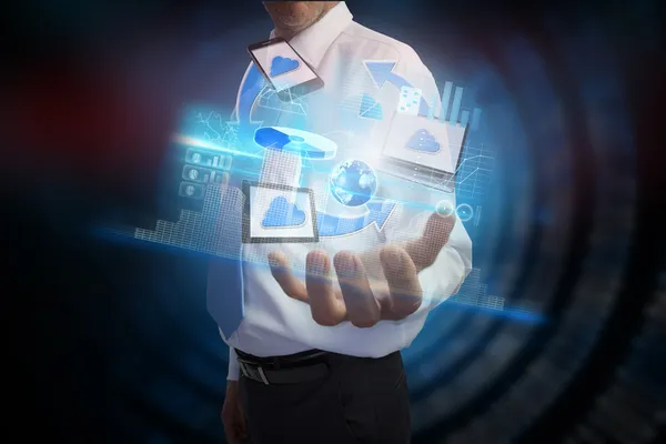 Businessman presenting file transfer interface — Stock Photo, Image