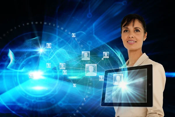 Businesswoman with profile icons and tablet — Stock Photo, Image