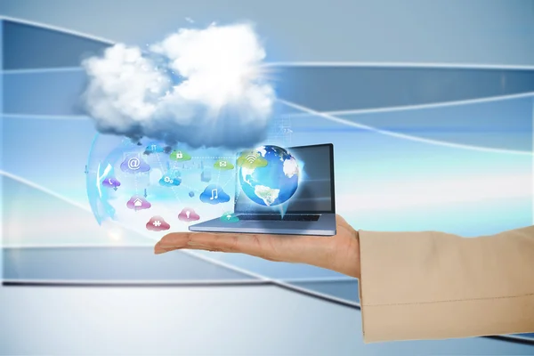 Hand presenting cloud and app icons with laptop — Stock Photo, Image