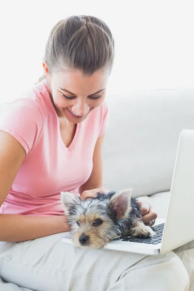 Jolie femme utilisant un ordinateur portable avec son terrier yorkshire — Photo