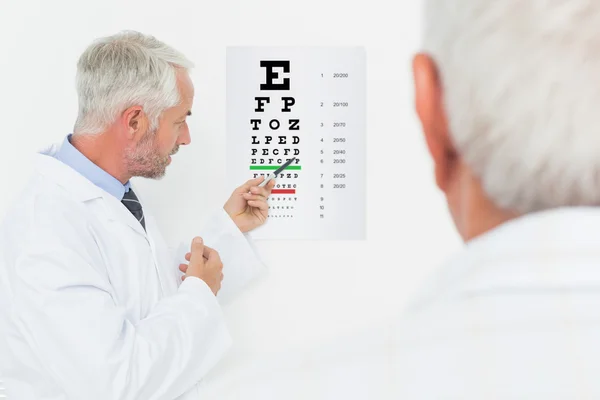 Педиатр-офтальмолог со старшим пациентом, указывающим на глаз — стоковое фото