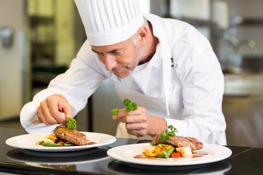 Concentrated male chef garnishing food in kitchen clipart