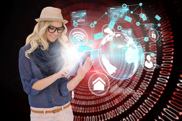 Stylish blonde using tablet pc with interfaces and email icons — Stock Photo, Image