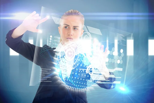 Businesswoman touching interface with earth — Stock Photo, Image
